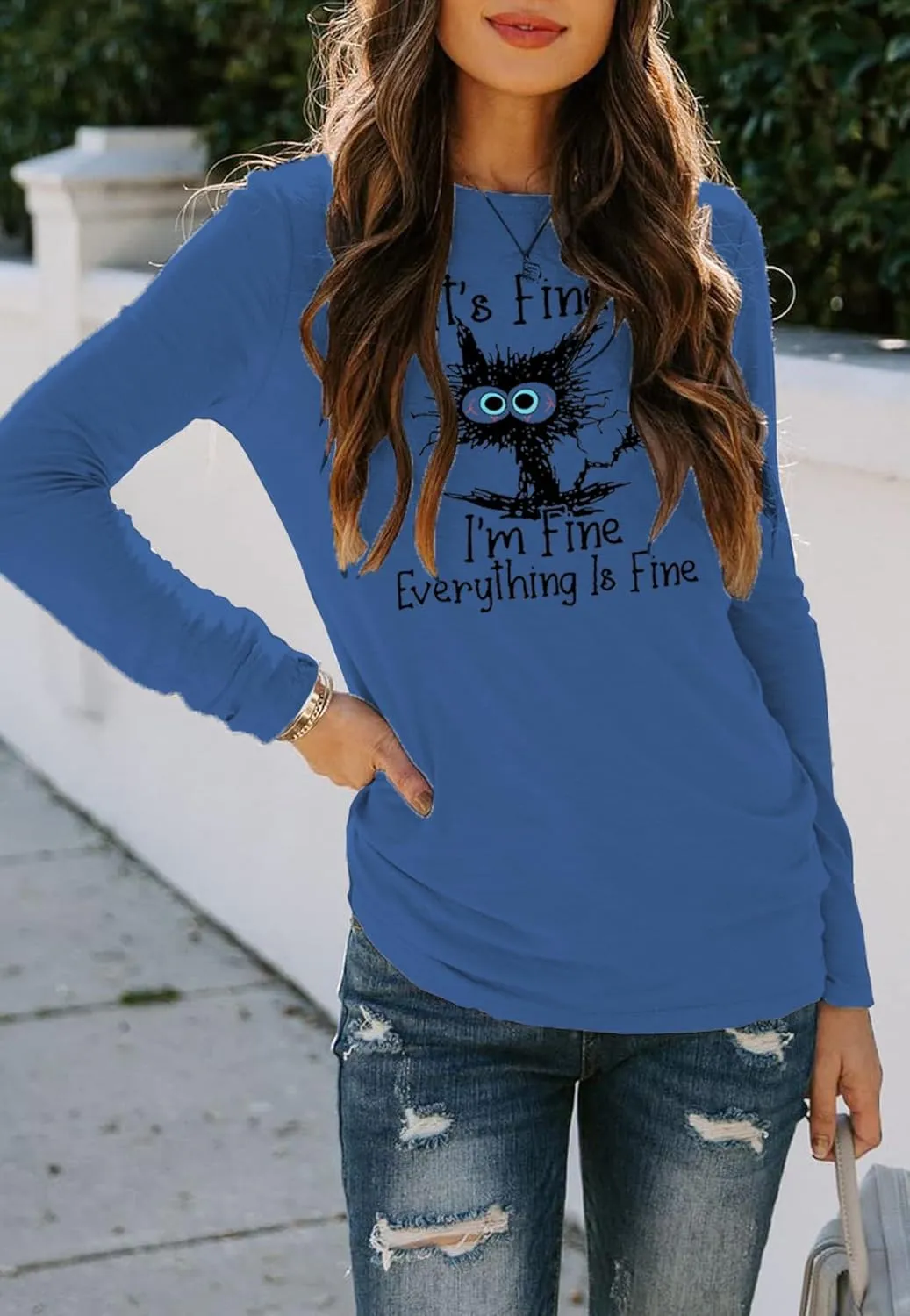 Women's I'm Fine Everything is Fine T-Shirts Long Sleeve Sayings Loose Fit Casual Cute Cat Graphic Crew Neck Tee Blouse Tops