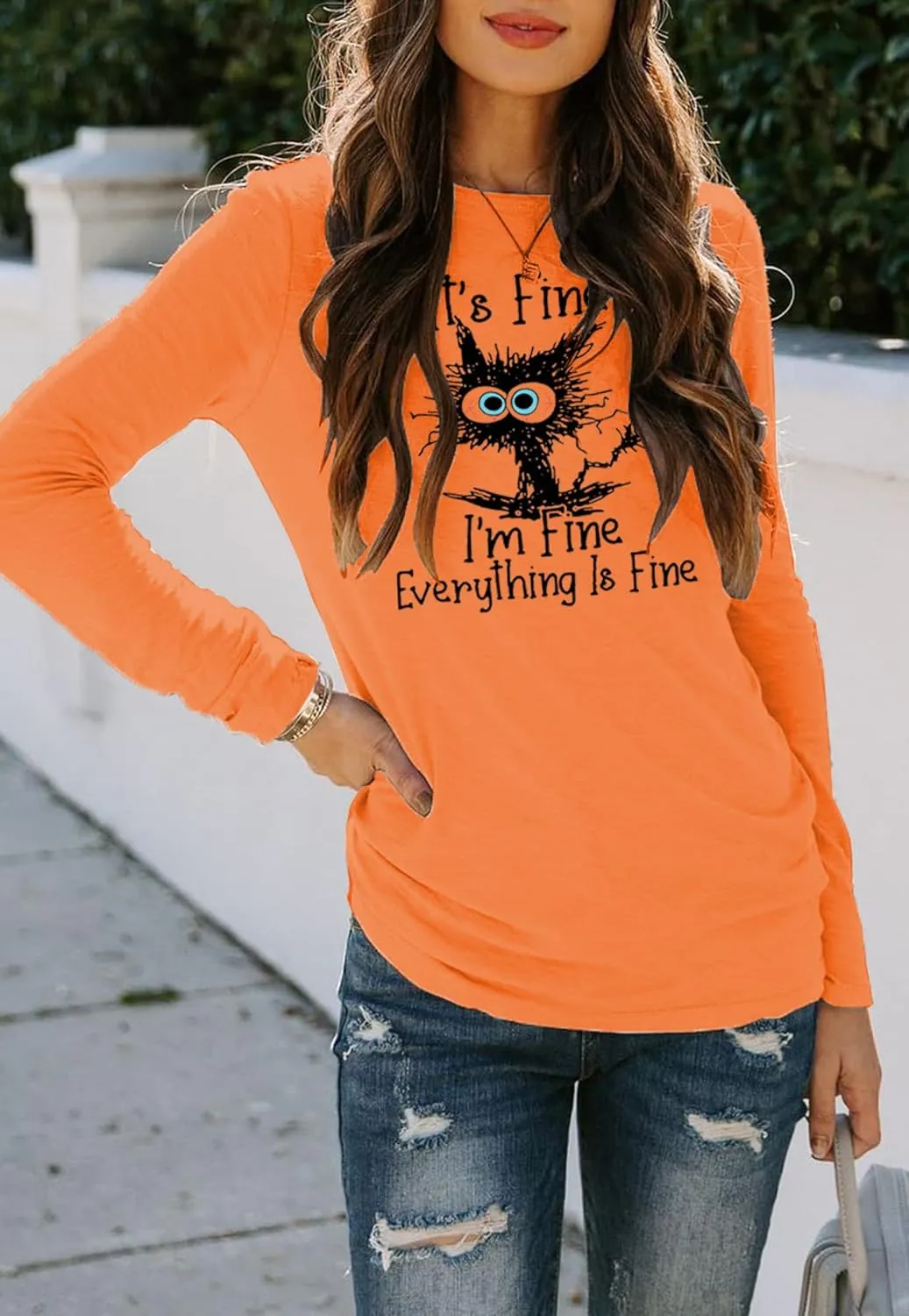 Women's I'm Fine Everything is Fine T-Shirts Long Sleeve Sayings Loose Fit Casual Cute Cat Graphic Crew Neck Tee Blouse Tops