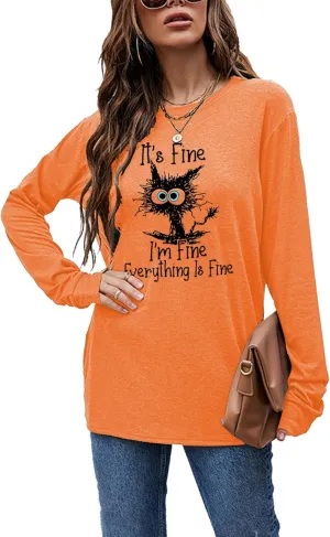 Women's I'm Fine Everything is Fine T-Shirts Long Sleeve Sayings Loose Fit Casual Cute Cat Graphic Crew Neck Tee Blouse Tops