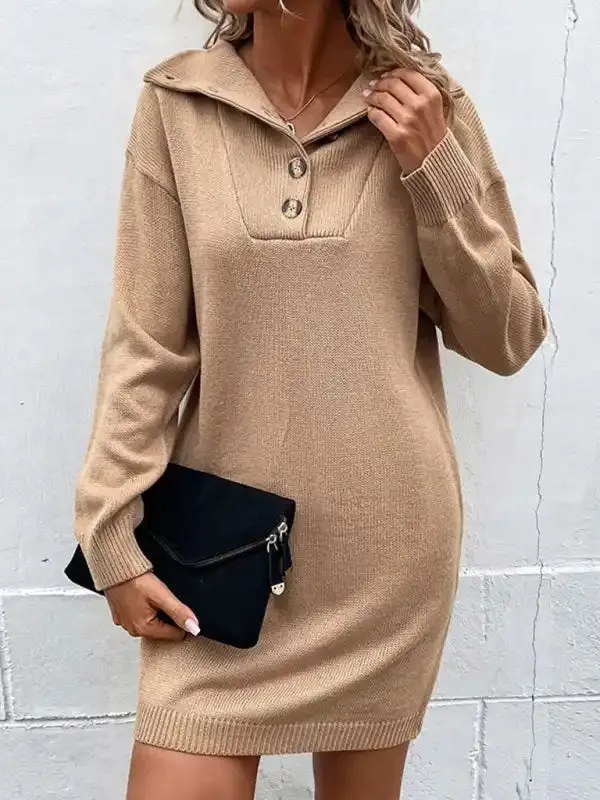 women’s long sleeve half cardigan lapel collar sweater dress