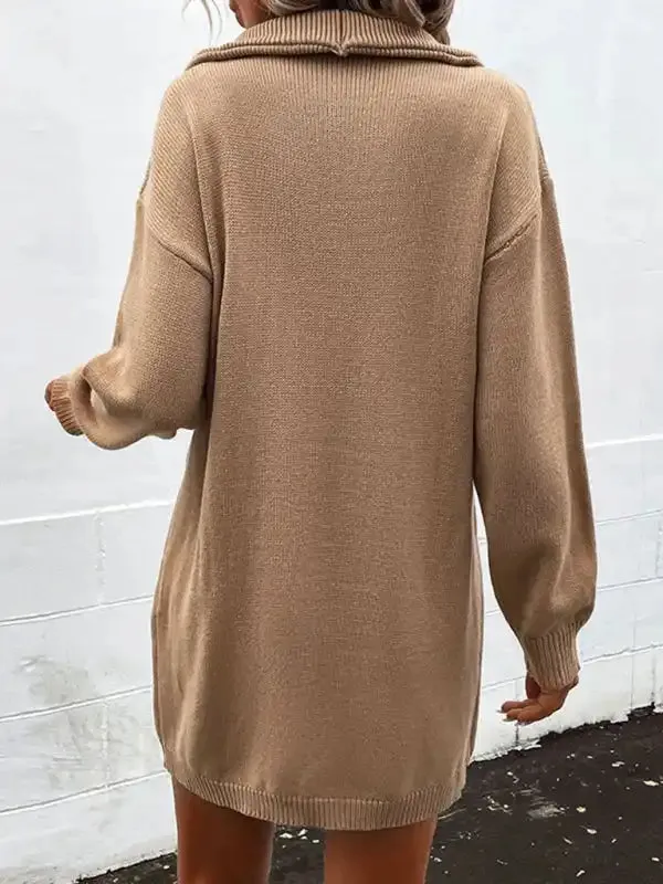 women’s long sleeve half cardigan lapel collar sweater dress