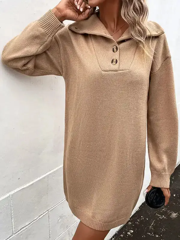 women’s long sleeve half cardigan lapel collar sweater dress