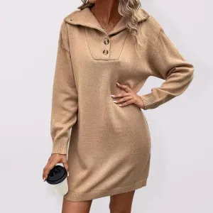 women’s long sleeve half cardigan lapel collar sweater dress