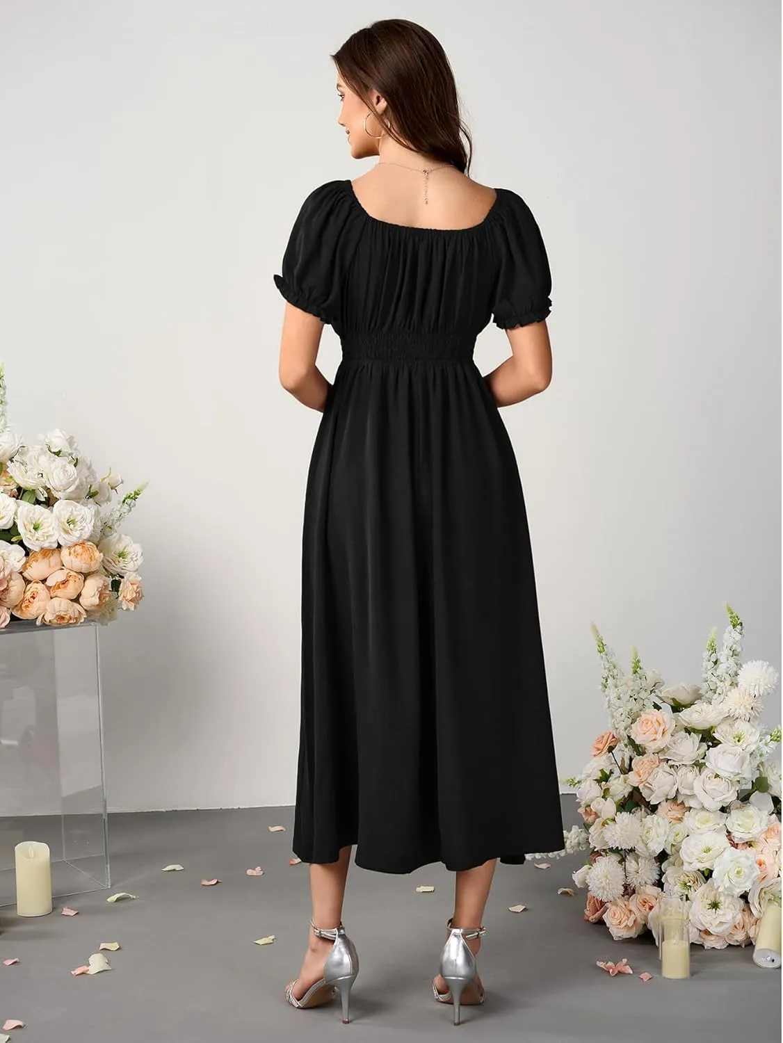 Womens Maxi Dress Square Neck Puff Short Sleeve Tie Front Split A Line Elegant Cocktail Long Dress