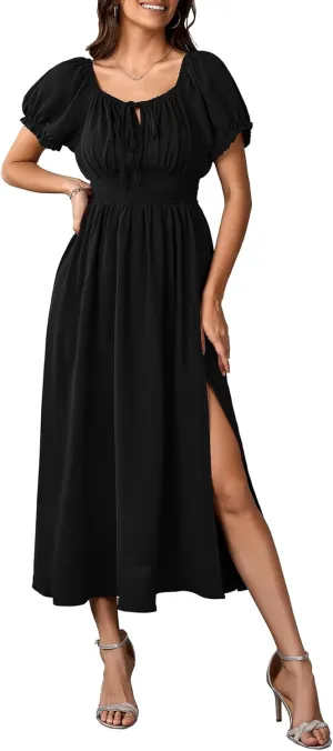 Womens Maxi Dress Square Neck Puff Short Sleeve Tie Front Split A Line Elegant Cocktail Long Dress