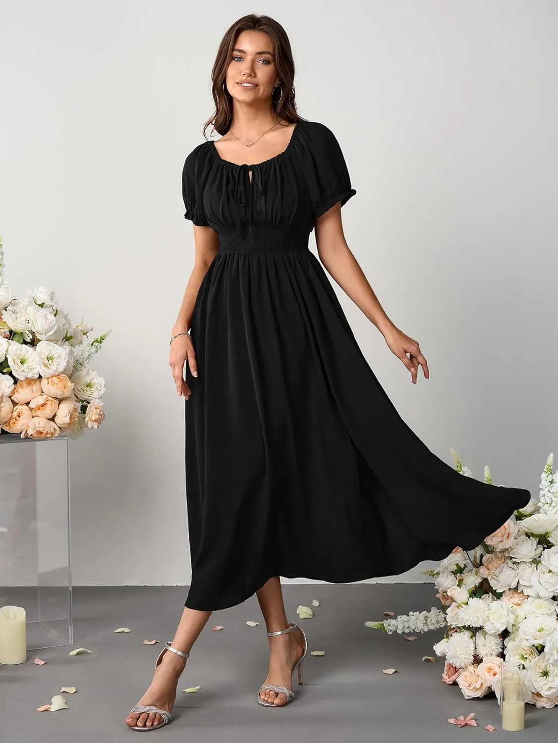 Womens Maxi Dress Square Neck Puff Short Sleeve Tie Front Split A Line Elegant Cocktail Long Dress