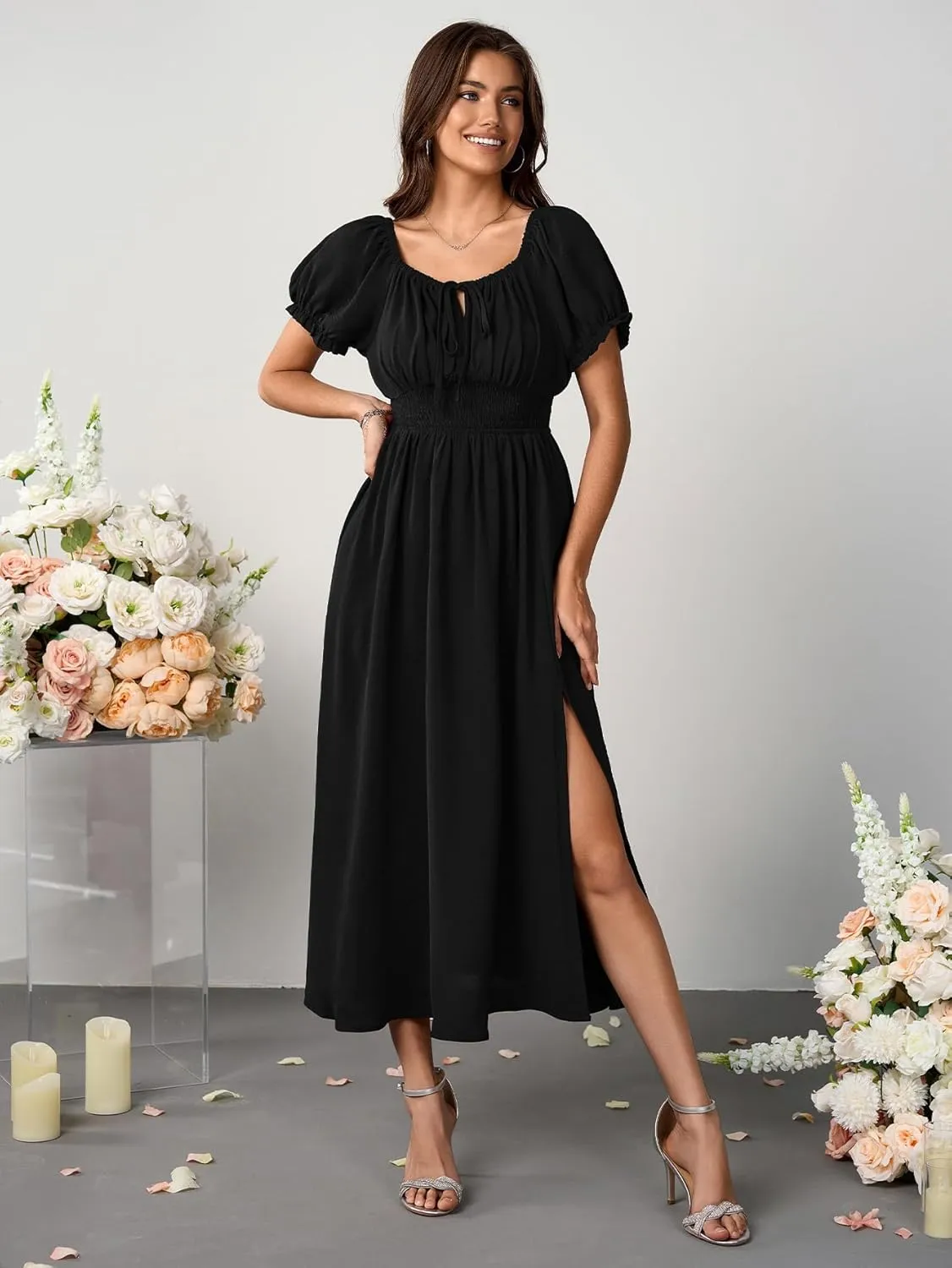 Womens Maxi Dress Square Neck Puff Short Sleeve Tie Front Split A Line Elegant Cocktail Long Dress