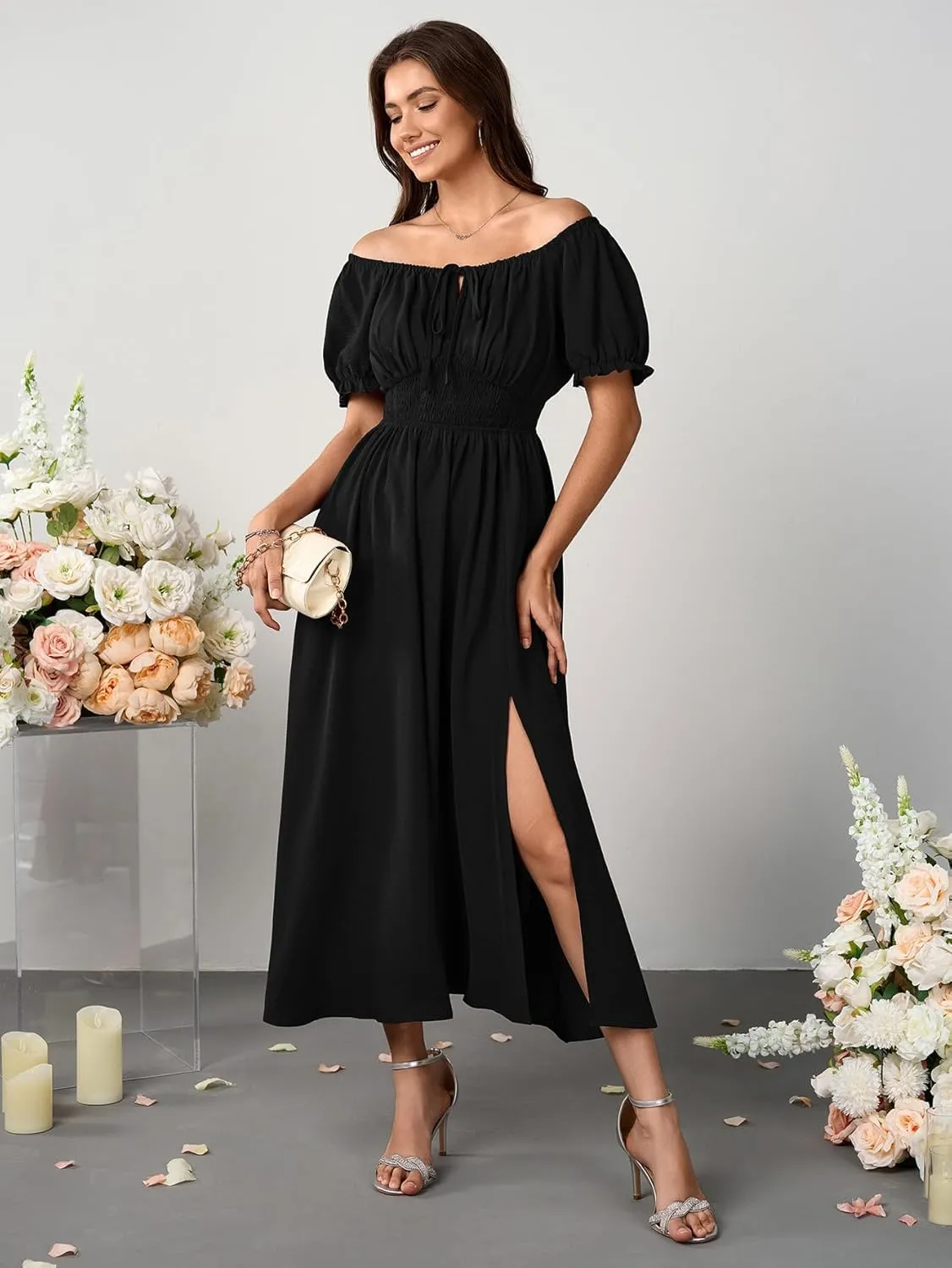 Womens Maxi Dress Square Neck Puff Short Sleeve Tie Front Split A Line Elegant Cocktail Long Dress
