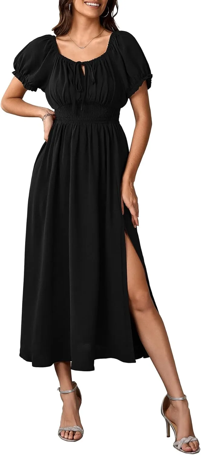 Womens Maxi Dress Square Neck Puff Short Sleeve Tie Front Split A Line Elegant Cocktail Long Dress