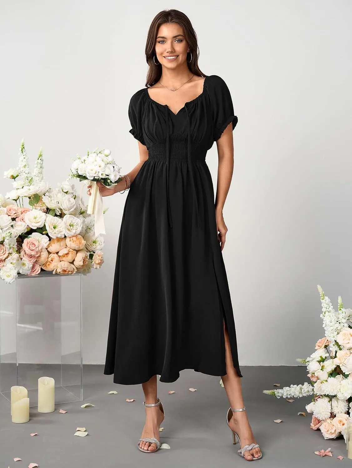 Womens Maxi Dress Square Neck Puff Short Sleeve Tie Front Split A Line Elegant Cocktail Long Dress