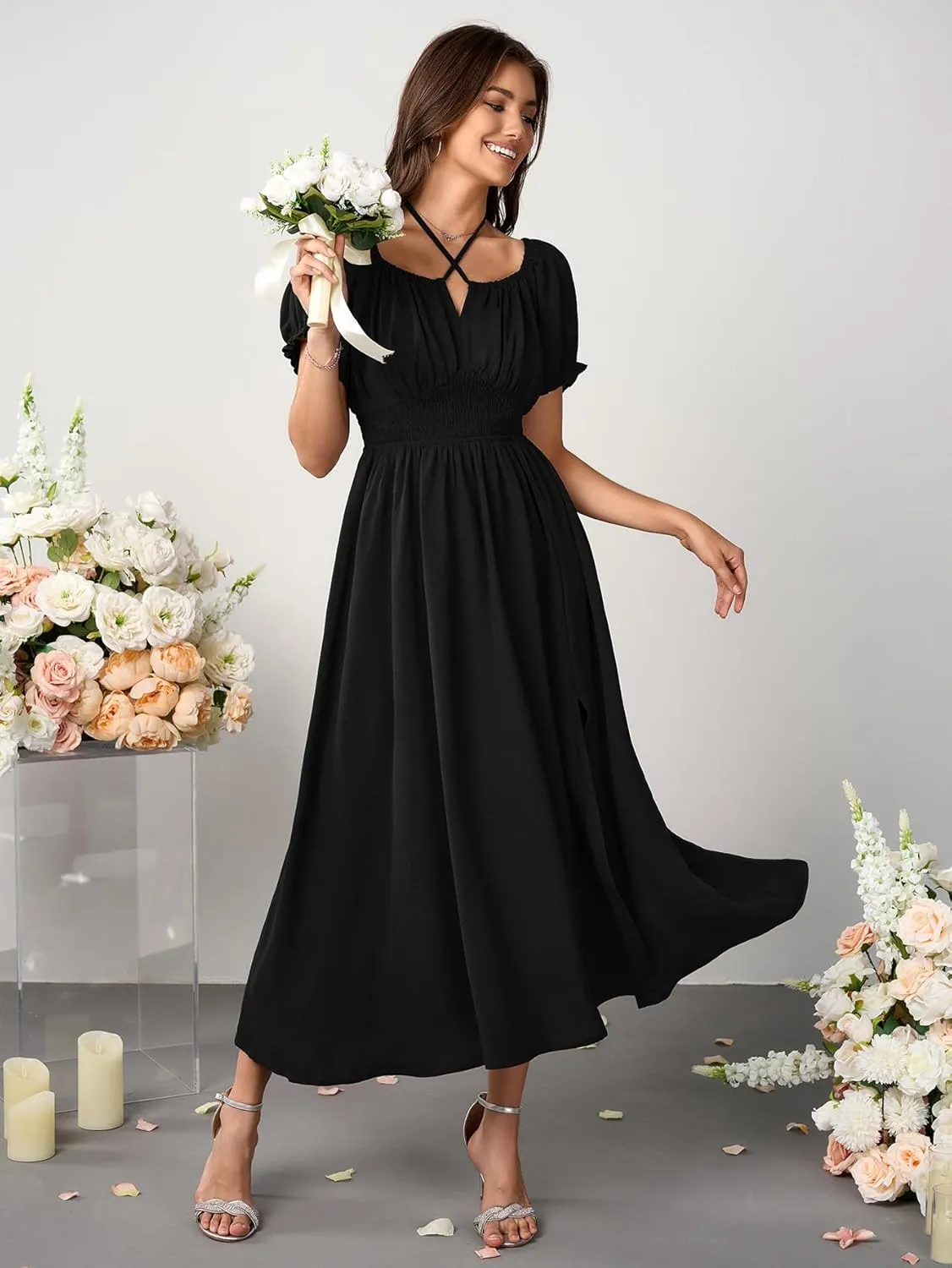 Womens Maxi Dress Square Neck Puff Short Sleeve Tie Front Split A Line Elegant Cocktail Long Dress