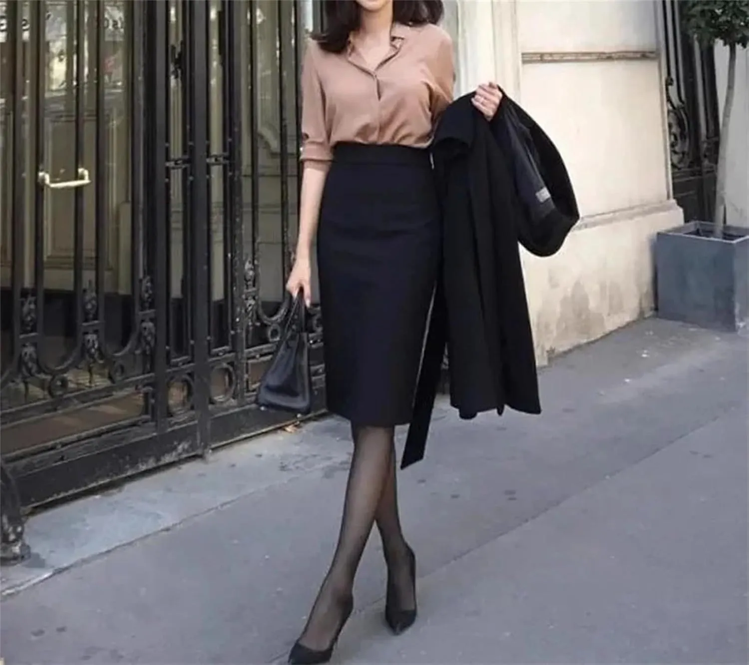 Women's Office Pencil Skirt Slim High Waist Solid Color Tight Back Slit Zipper Skirt