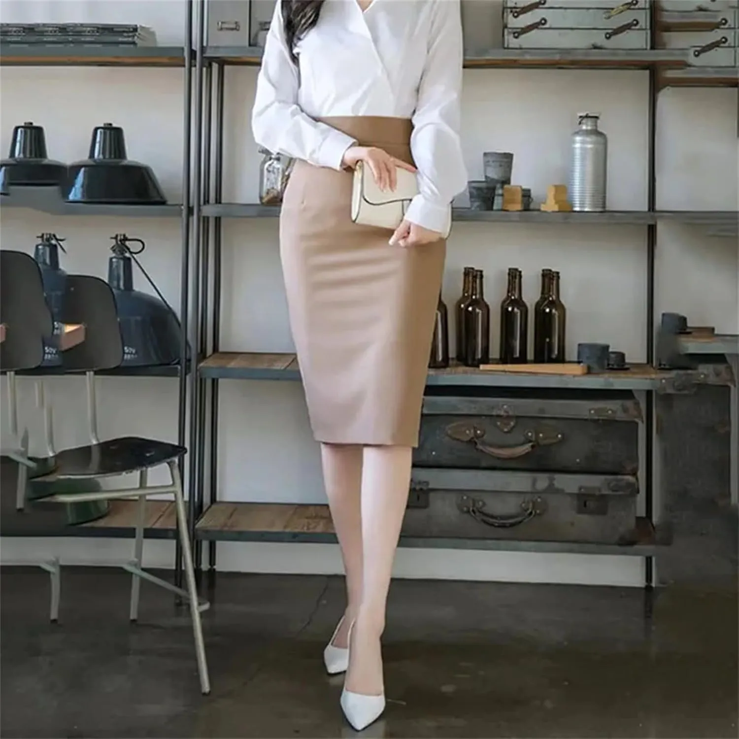 Women's Office Pencil Skirt Slim High Waist Solid Color Tight Back Slit Zipper Skirt
