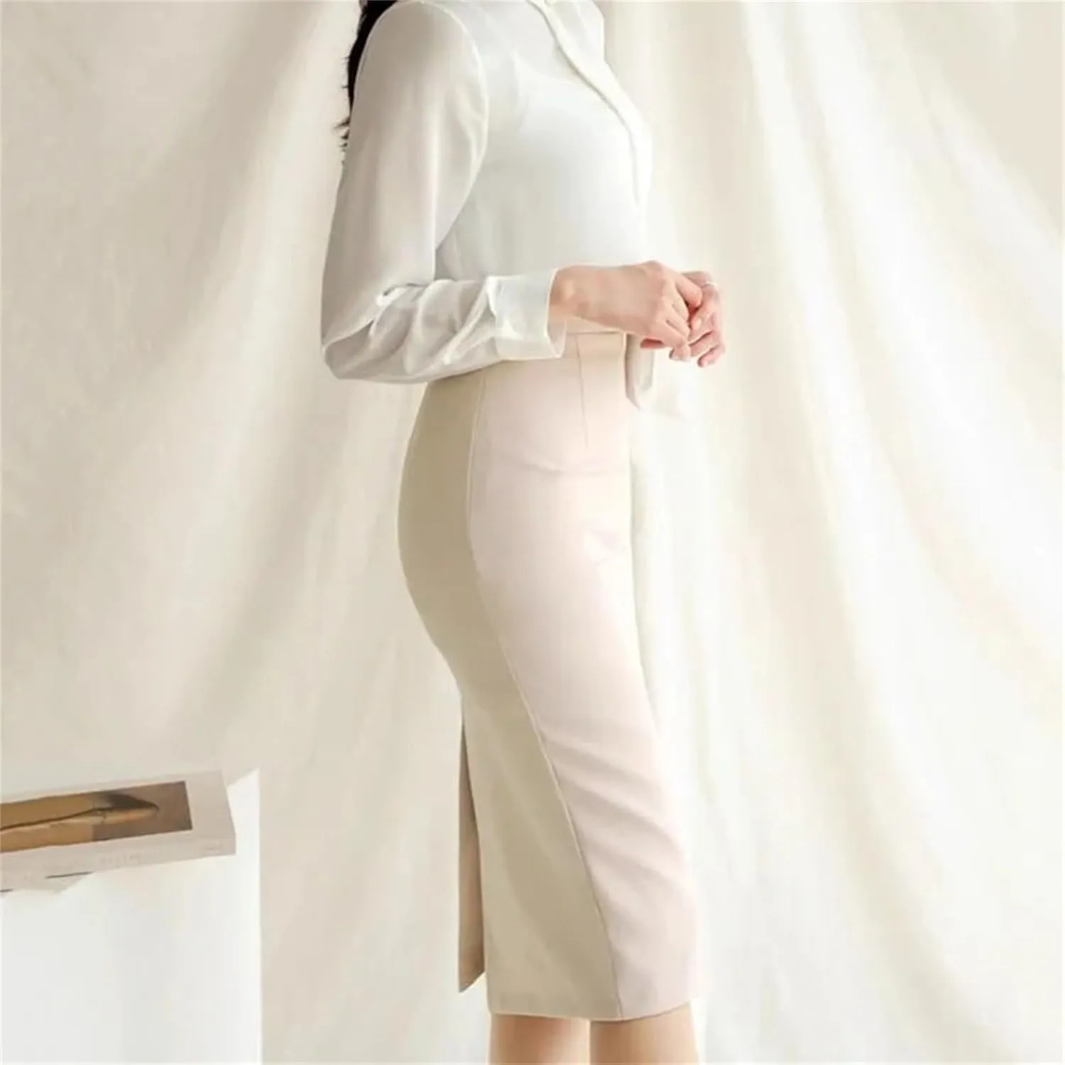 Women's Office Pencil Skirt Slim High Waist Solid Color Tight Back Slit Zipper Skirt