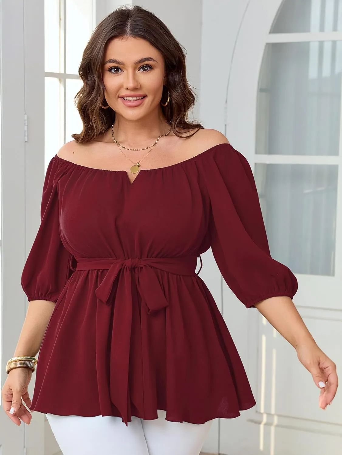 Women's Plus Size Square Neck Peplum Blouses Dressy Tops 3/4 Puff Sleeve Empire Waist Tie Ruffle Hem Babydoll Top