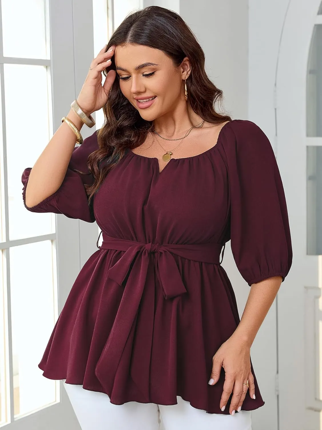 Women's Plus Size Square Neck Peplum Blouses Dressy Tops 3/4 Puff Sleeve Empire Waist Tie Ruffle Hem Babydoll Top
