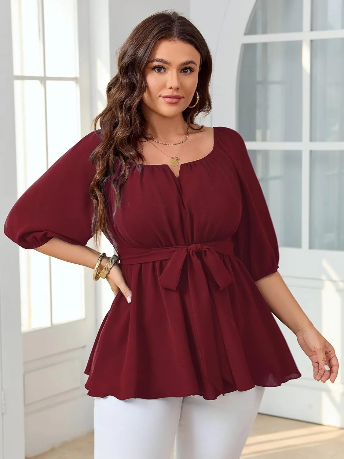 Women's Plus Size Square Neck Peplum Blouses Dressy Tops 3/4 Puff Sleeve Empire Waist Tie Ruffle Hem Babydoll Top