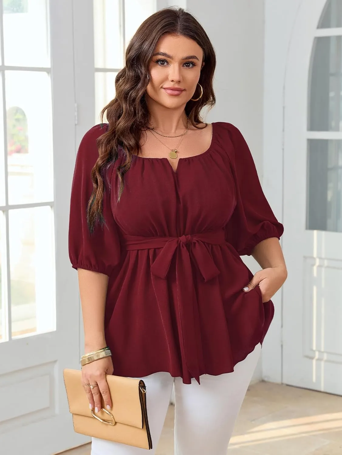 Women's Plus Size Square Neck Peplum Blouses Dressy Tops 3/4 Puff Sleeve Empire Waist Tie Ruffle Hem Babydoll Top