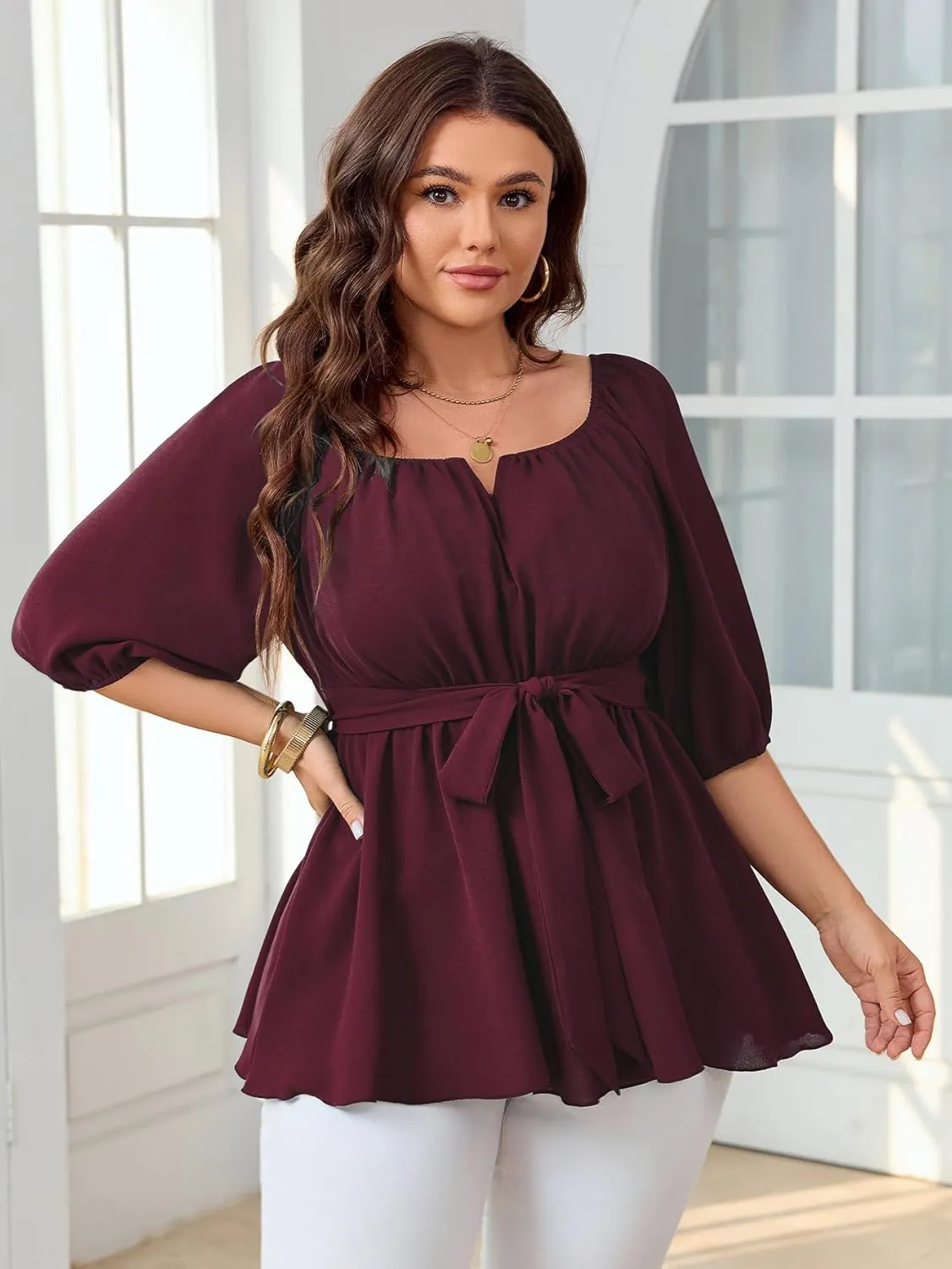 Women's Plus Size Square Neck Peplum Blouses Dressy Tops 3/4 Puff Sleeve Empire Waist Tie Ruffle Hem Babydoll Top