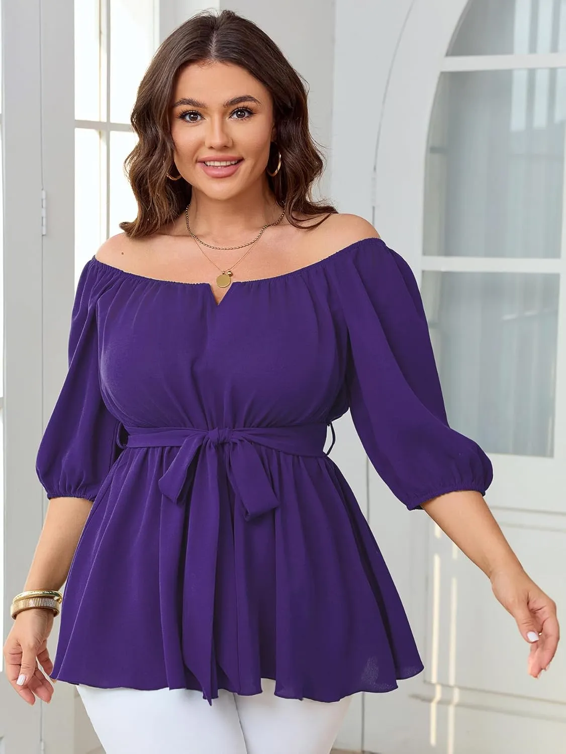 Women's Plus Size Square Neck Peplum Blouses Dressy Tops 3/4 Puff Sleeve Empire Waist Tie Ruffle Hem Babydoll Top
