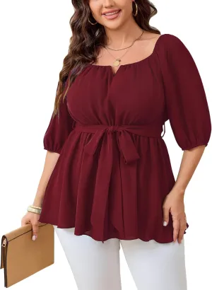 Women's Plus Size Square Neck Peplum Blouses Dressy Tops 3/4 Puff Sleeve Empire Waist Tie Ruffle Hem Babydoll Top