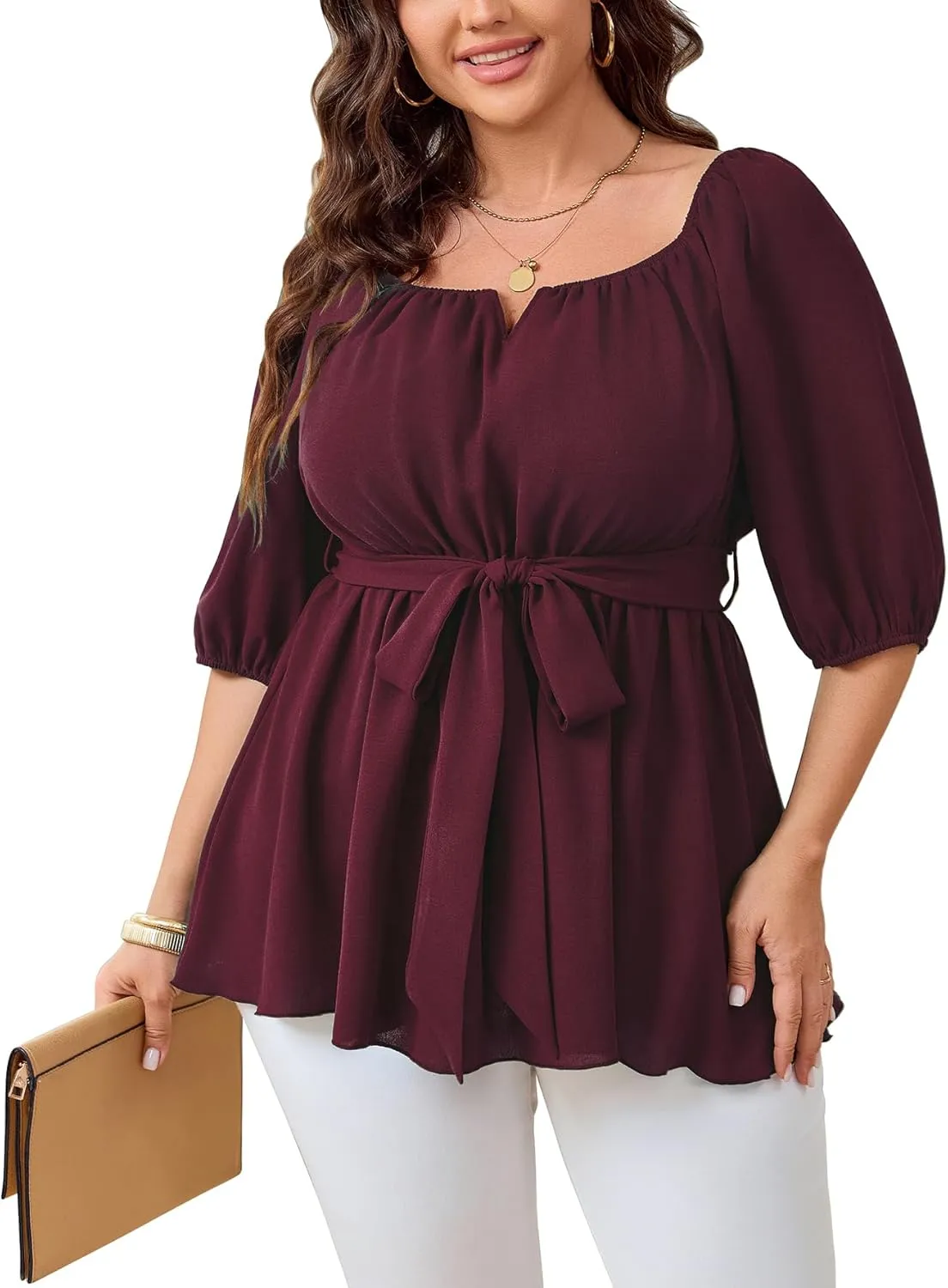 Women's Plus Size Square Neck Peplum Blouses Dressy Tops 3/4 Puff Sleeve Empire Waist Tie Ruffle Hem Babydoll Top