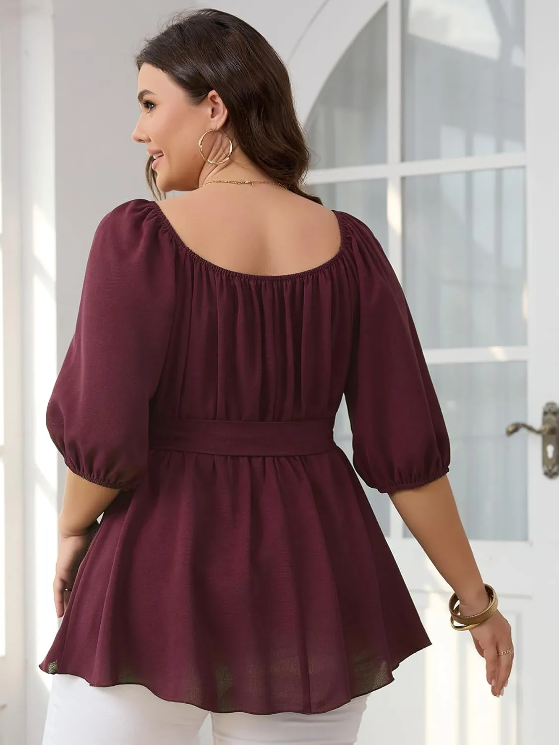 Women's Plus Size Square Neck Peplum Blouses Dressy Tops 3/4 Puff Sleeve Empire Waist Tie Ruffle Hem Babydoll Top