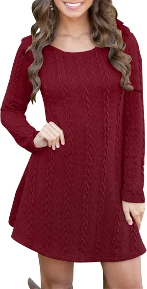 YMING Womens Cable Knit Crew Neck Sweater Dress Casual Solid Color Pullover Tops