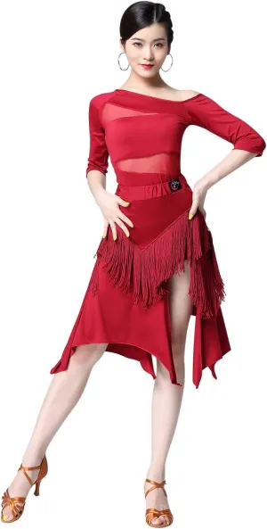 ZX Women's Latin Salsa Ballroom Dance Dress Sexy Top and Side Split Fringe Dance Skirt 2 Pieces Outfits