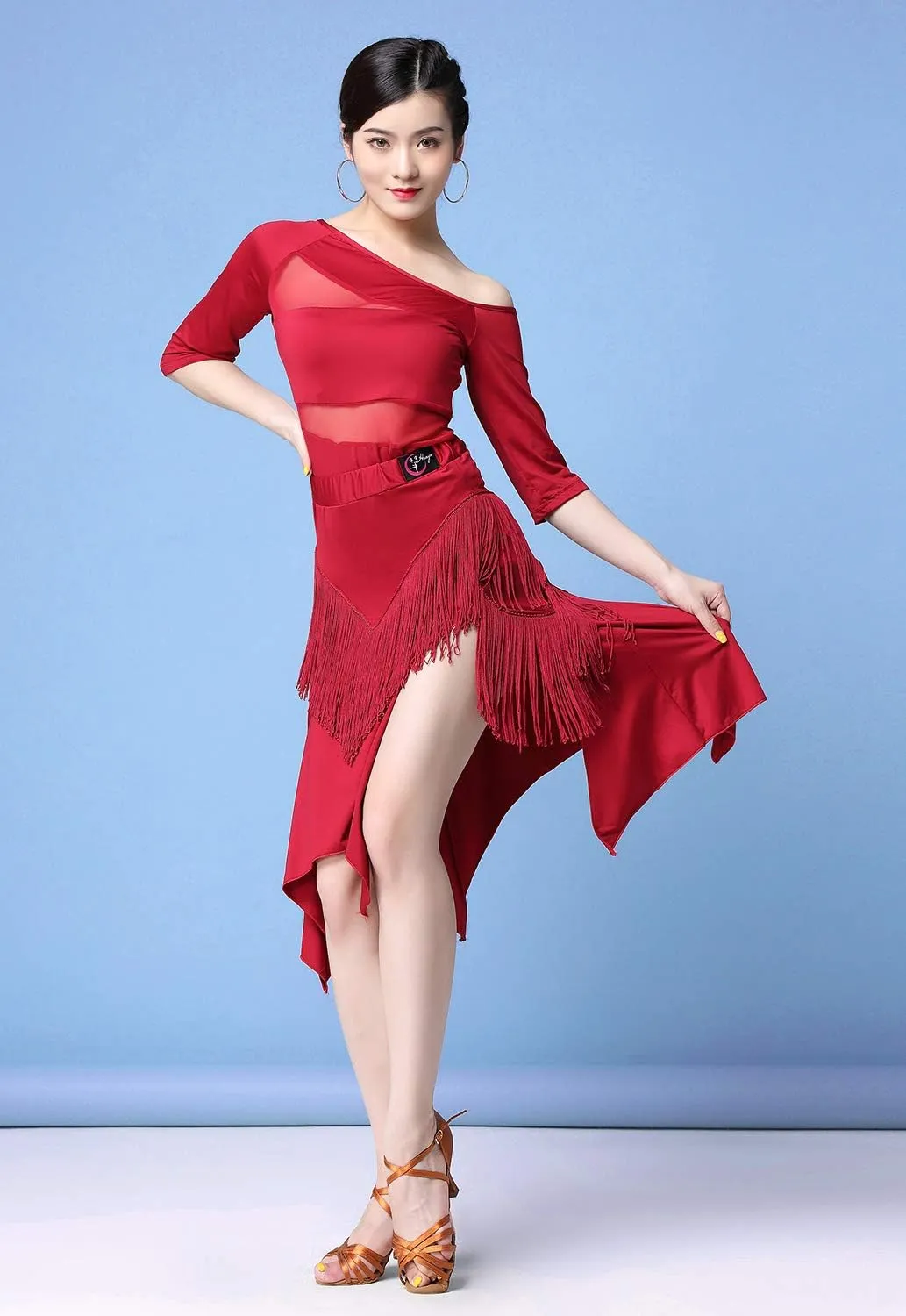 ZX Women's Latin Salsa Ballroom Dance Dress Sexy Top and Side Split Fringe Dance Skirt 2 Pieces Outfits