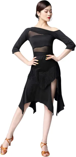 ZX Women's Latin Salsa Ballroom Dance Dress Sexy Top and Side Split Fringe Dance Skirt 2 Pieces Outfits