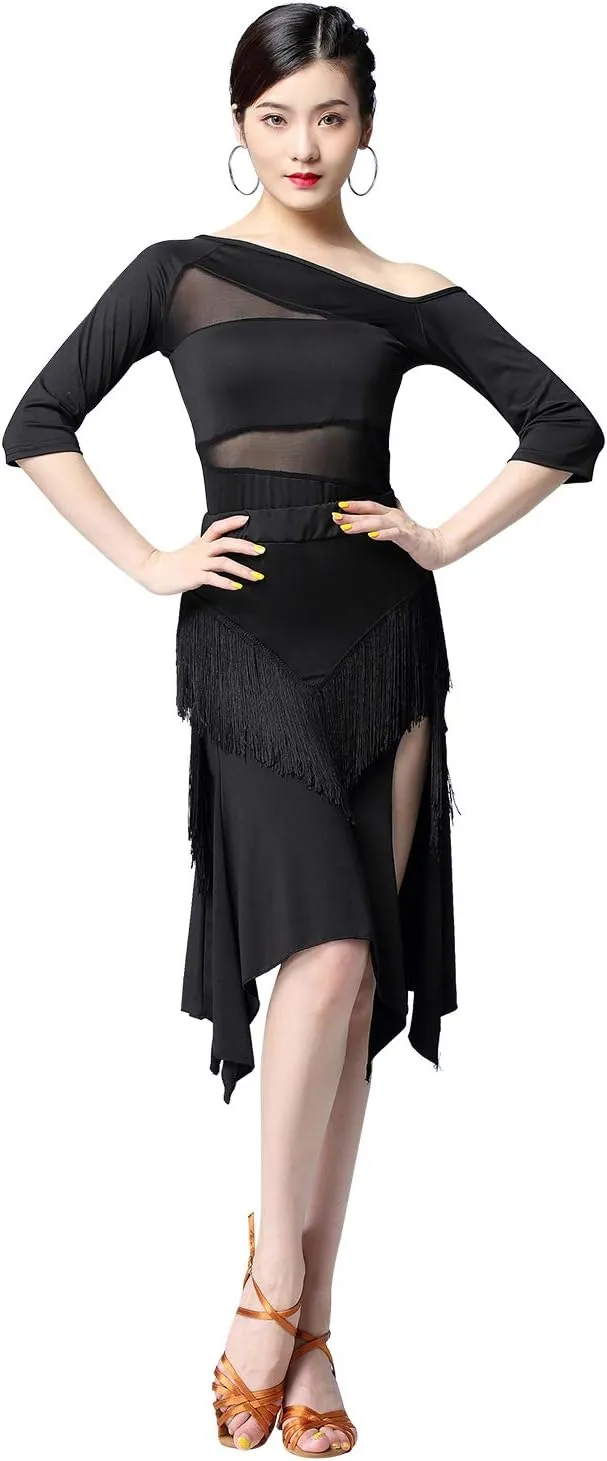 ZX Women's Latin Salsa Ballroom Dance Dress Sexy Top and Side Split Fringe Dance Skirt 2 Pieces Outfits