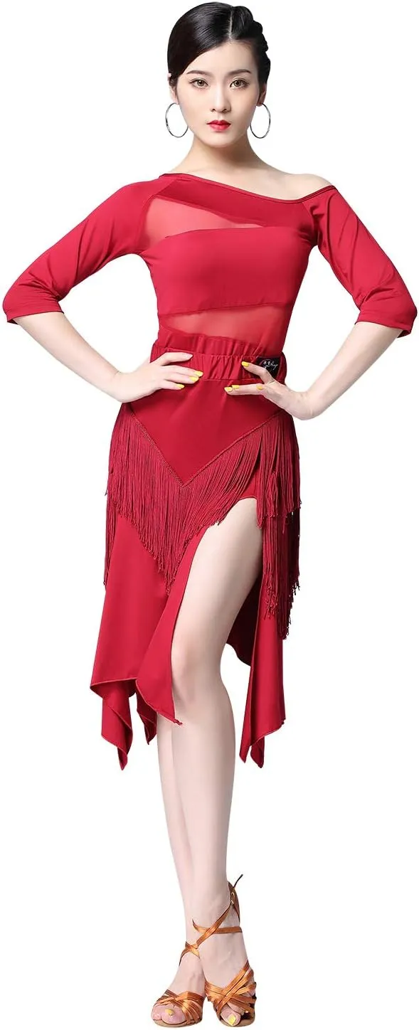 ZX Women's Latin Salsa Ballroom Dance Dress Sexy Top and Side Split Fringe Dance Skirt 2 Pieces Outfits