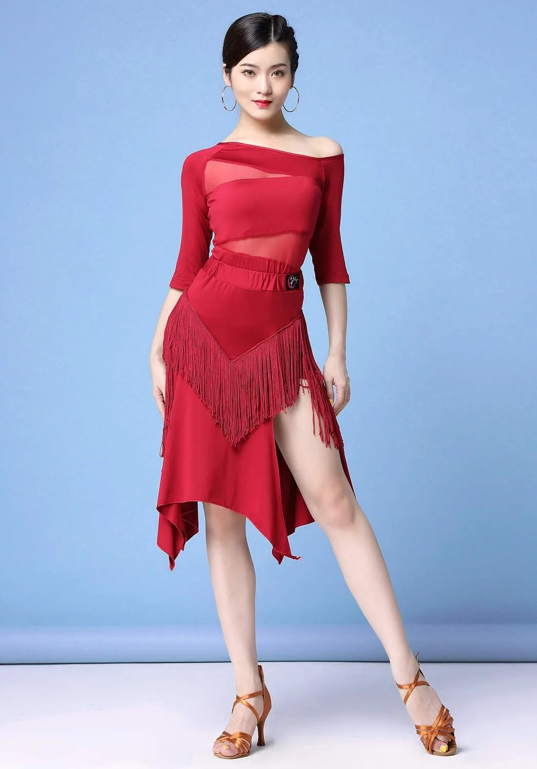 ZX Women's Latin Salsa Ballroom Dance Dress Sexy Top and Side Split Fringe Dance Skirt 2 Pieces Outfits